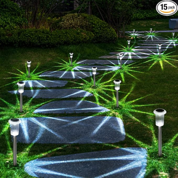 Solar Lights Outdoor, 15 Pack Waterproof Stainless Steel Solar Stake Lights